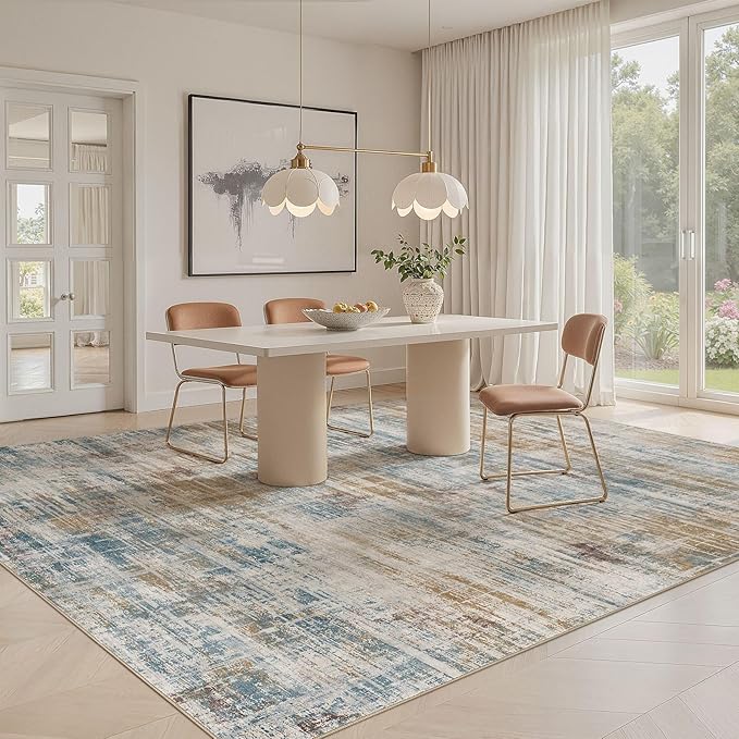 Area Rug for Living Room: 7x9 Washable Neutral Abstract Modern Soft Rugs Non Slip Indoor Floor Stain Resistant Large Carpet for Bedroom Dining Room Office Nursery - Blue Brown-CubbioJoy