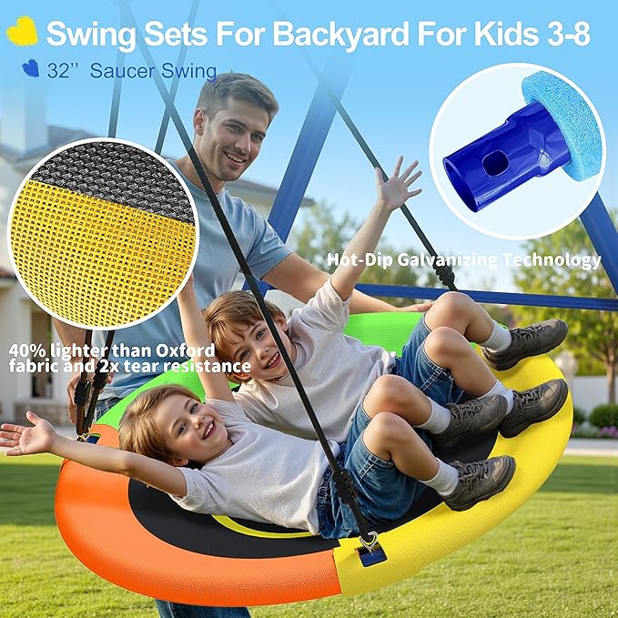 440lbs Kids Swing Set, 3-in-1 Outdoor Playground with Saucer Swing, Belt Seat & 4ft Trampoline, Heavy Duty A-Frame Metal Stand & Safety Stakes, Backyard Playset for Toddlers 3-8 Years Old-CubbioJoy