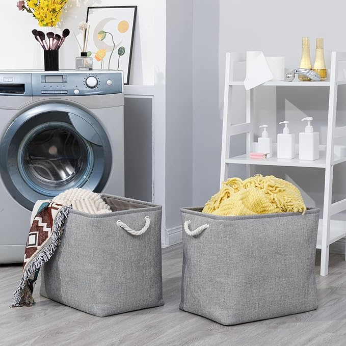 Bidtakay Collapsible Storage Bins for Clothes Large Grey Storage Baskets with Cotton Handles 17x12x15 In Set of 2 Fabric Cubby Storage Bins Livingroom Home Decorative Storage Organizer for Blankets-CubbioJoy