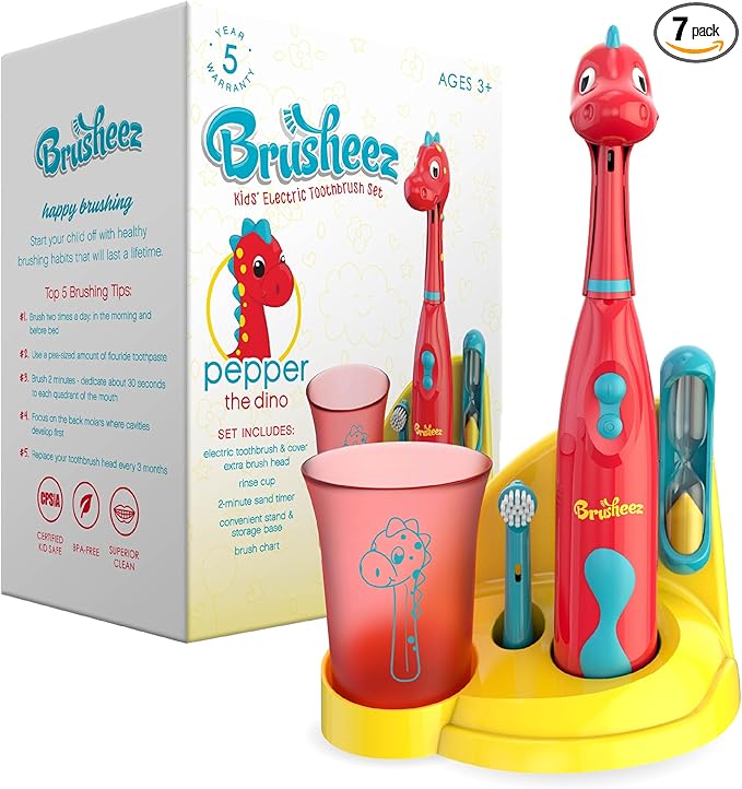 Brusheez Kids’ Electric Toothbrush Set - Safe & Effective for Ages 3+ - Parent Tested & Approved with Gentle Bristles, 2 Brush Heads, Rinse Cup, 2-Minute Timer, & Storage Base (Pepper The Dino)-CubbioJoy