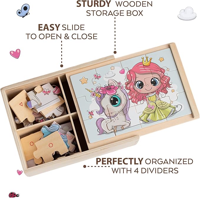 4-in-1 Princess Jigsaw Puzzles for Kids, Wood Puzzles for Kids Ages 3-5 48 Piece Wooden Puzzles for Toddlers 3-5, Wooden Puzzles for Toddlers, Essential Skills Gift for Girls Princesses-CubbioJoy