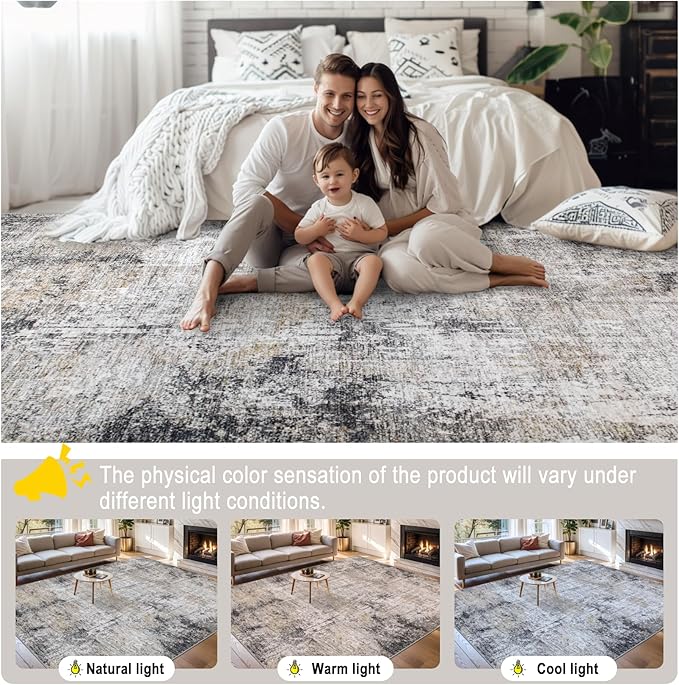 Area Rugs 9x12 Living Room - Washable Rug Modern Abstract Soft Large Neutral Non-Slip Carpet Indoor Floor Thin Carpets for Bedroom Dining Room Farmhouse Nursery Home Office Brown Black Grey-CubbioJoy