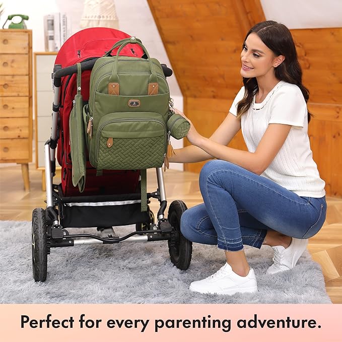 Dikaslon Diaper Bag Backpack with Portable Changing Pad, Pacifier Case and Stroller Straps, Large Unisex Baby Bags for Boys Girls, Multipurpose Travel Back Pack Moms Dads, Green-CubbioJoy