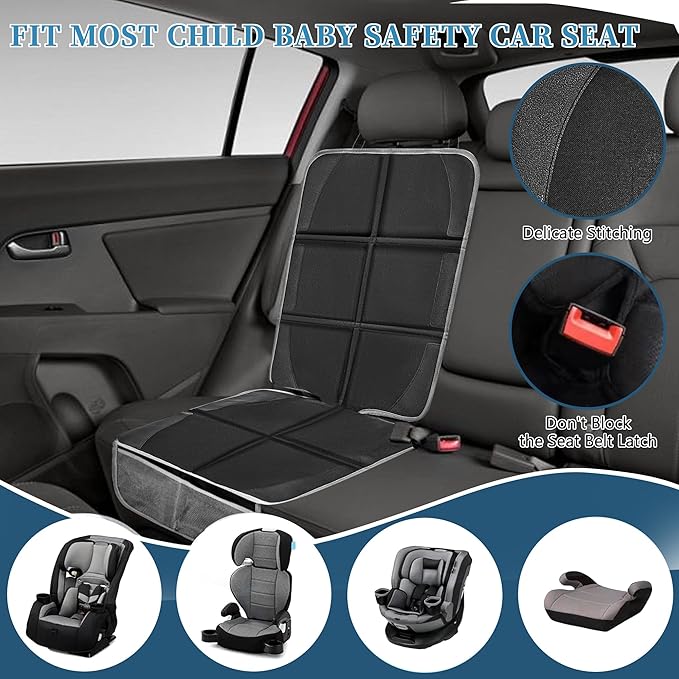 Car Seat Protector 2 Pack Baby Car Seat Covers with Mesh Pockets & Non-Slip Backing 600D Durable Seat Protector Under Baby Car Seat (Black & Gray, Large)-CubbioJoy