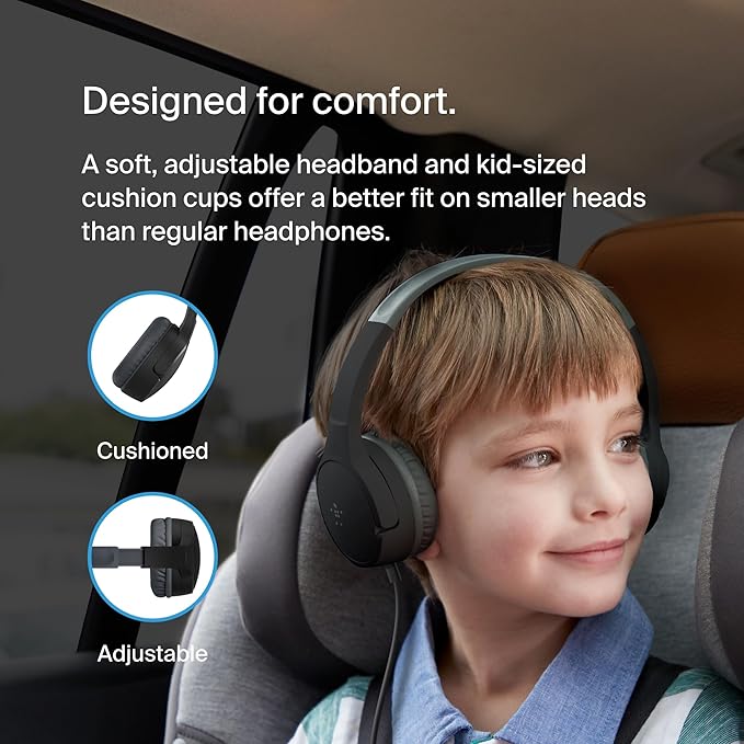 Belkin SoundForm Mini Kids Wired Headphones with Built-in Microphone & Fun Stickers, 85dB Safe Volume Limit – for Online Learning, Travel, Compatible w/iPhone 15, iPad, Galaxy S23, & More - Black-CubbioJoy