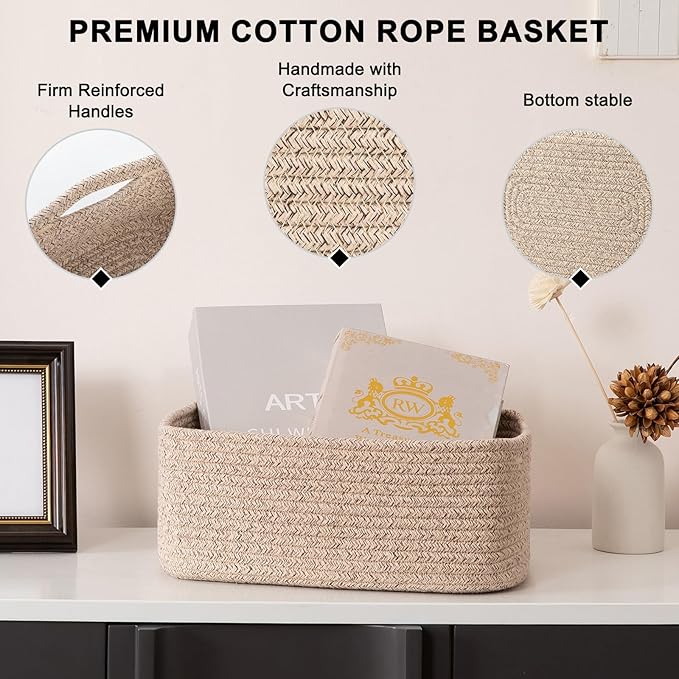 4 Pack Small Storage Shelf Baskets for Organizing, Mini Woven Rope Storage Bins for Towels, Cute Decorative Closet Organizer，Baby Nursery, Gift Empty Baskets -13.78''Lx9.84''Wx5.51''H-Brown-CubbioJoy