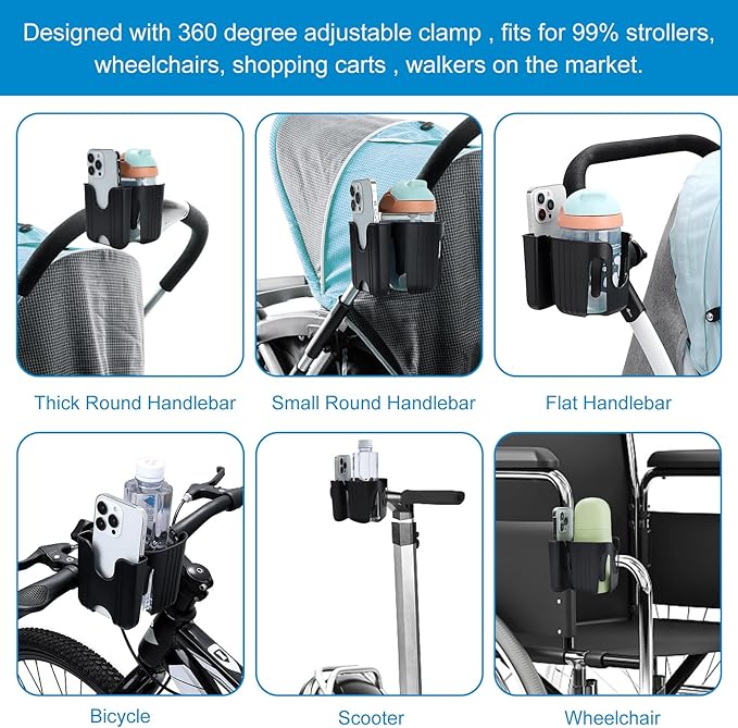 Accmor Stroller Cup Holder with Phone Holder, Bike Cup Holder, Universal Cup Holder for Uppababy Nuna Doona Strollers, 2-in-1 Cup Phone Holder for Stroller, Bike, Wheelchair, Walker, Scooter-CubbioJoy