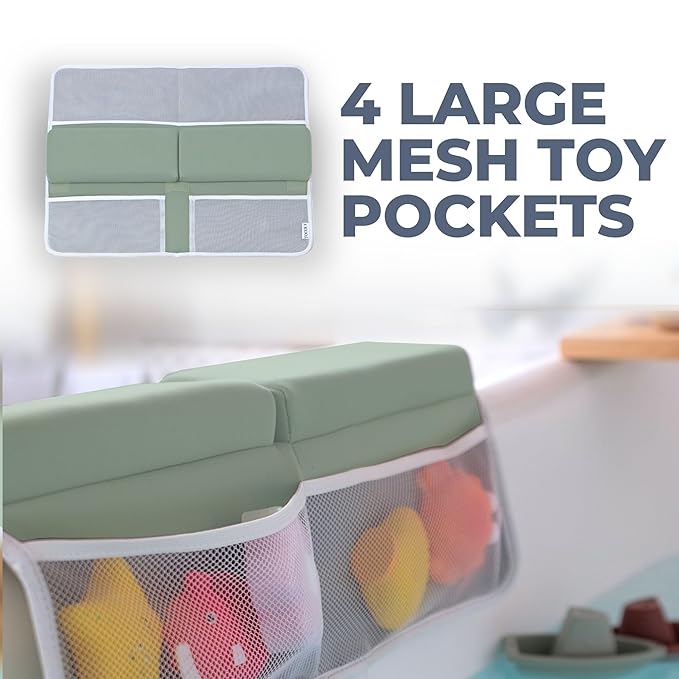 Comfortable Baby Bath Kneeler and Elbow Rest Pad Set – Thick Memory Foam Bath Kneeling Pad with Elbow Support – Baby Bathtub Cushion with Toy Organizer for Bathing Infant or Toddler - Green-CubbioJoy