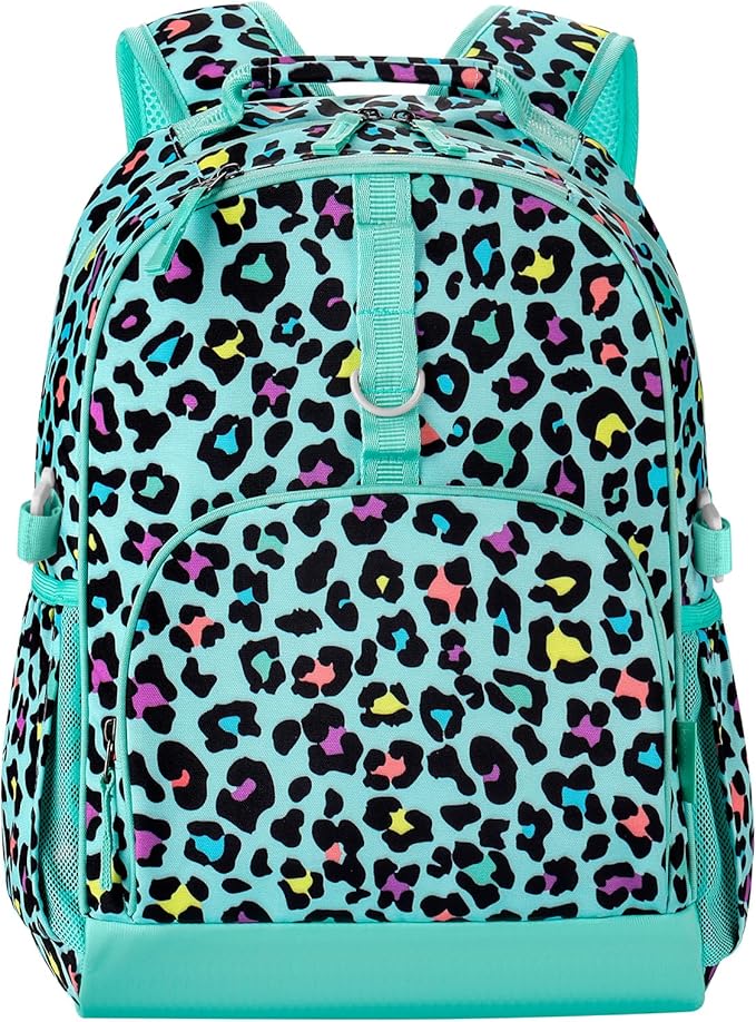 Choco Mocha Cheetah Backpack for Girls, Elementary School Backpack for Girls Ages 6-8 Kids Kindergarten Backpack Bookbag 17 Inch with Chest Strap, Green-CubbioJoy