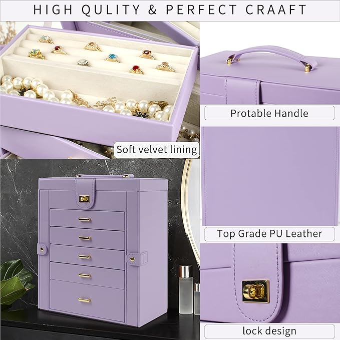 AKOZLIN Large Jewelry Box Organizer Functional Lockable with Big Mirror, Leather Jewelry Storage Case for Women Girls Ring Necklace Earring Bracelet Holder Organizer Violet-CubbioJoy