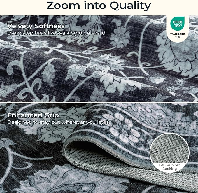 Area Rug 5x7 for Living Room & Bedroom, Large Washable Rugs, Soft & Non Slip, Vintage Carpet, Low Pile Wool Carpets for Indoor Under Table Dining Home Office Nursery Playroom, Black-CubbioJoy