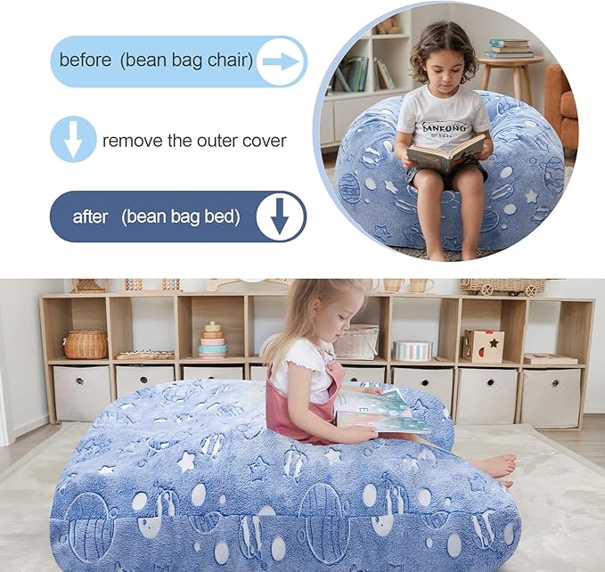 COMAX Kids Bean Bag Chair Turn into Beanbag Bed, Unicorn Toddler Bean Chair for Girl Boy Sleeping, Lazy Children Sofa Couch with Filler, Convertible Child Floor Mattress, Glowing Space-CubbioJoy