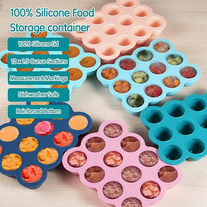 Baby Food Storage 12 x 1.5OZ Silicone Freezer Tray with Lid, Food Grade Silicone Containers for Purees & Vegetables Teal Blue-CubbioJoy