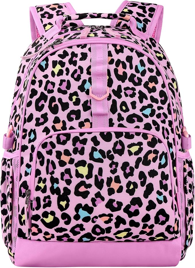 Choco Mocha Cheetah Backpack for Girls, Elementary School Backpack for Girls Ages 6-8 Kids Kindergarten Backpack Bookbag 17 Inch with Chest Strap, Pink-CubbioJoy