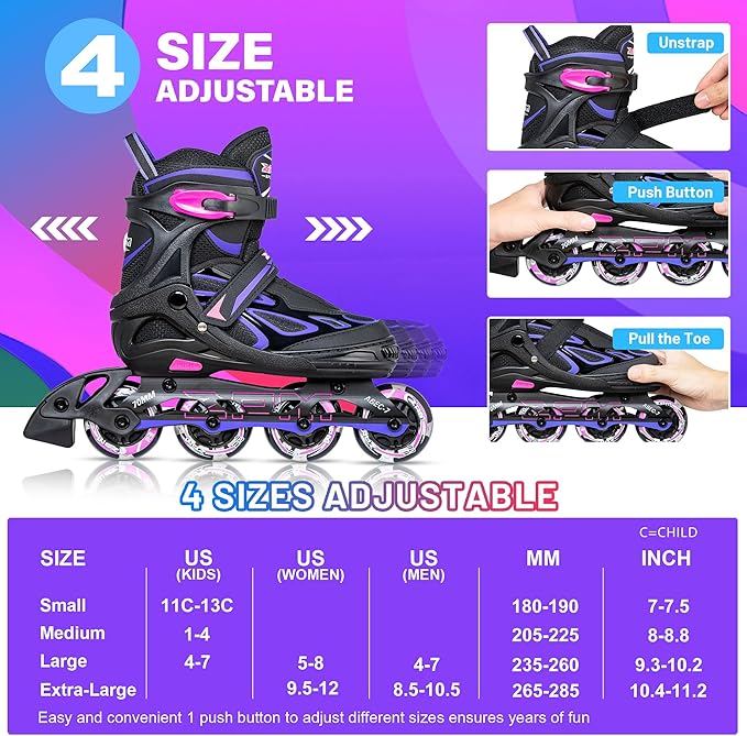 2PM SPORTS Vinal Girls Adjustable Flashing Inline Skates, All Wheels Light Up, Fun Illuminating Skates for Kids Men Adult Women and Boys-CubbioJoy