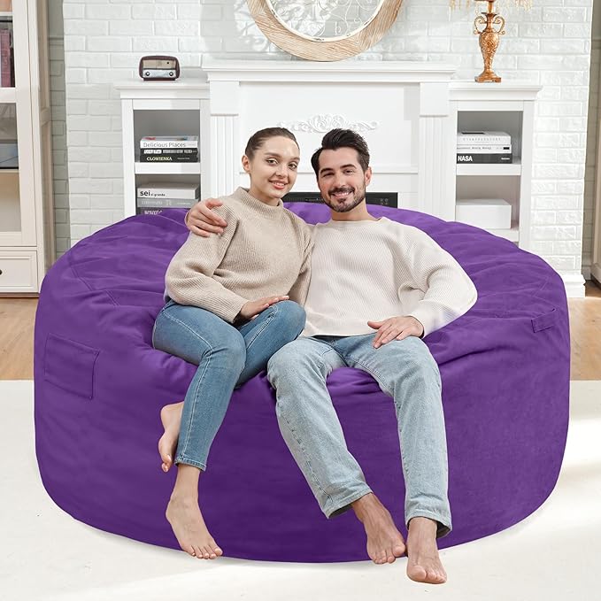 4FT Bean Bag Chair, Large Bean Bag Chairs with Memory Foam Filled, Fluffy Beanbag Sofa with Dutch Velvet Cover, Round BeanBag Chairs for Living Room, Playroom - Purple-CubbioJoy