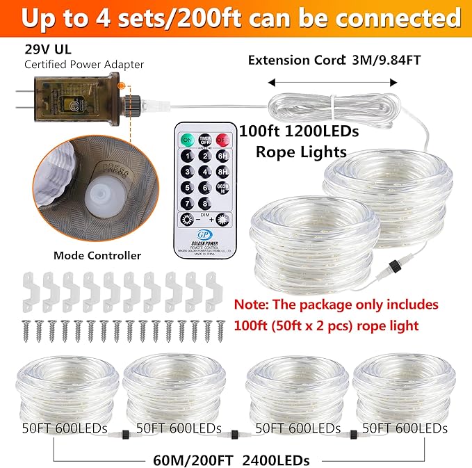 100ft 1200 LED Rope Lights Outdoor, Connectable Warm White Rope Lights Plug in, Outdoor String Lights Waterproof Decorative Lighting for Deck Patio Backyard Garden Pool Camping Room Indoor Décor-CubbioJoy
