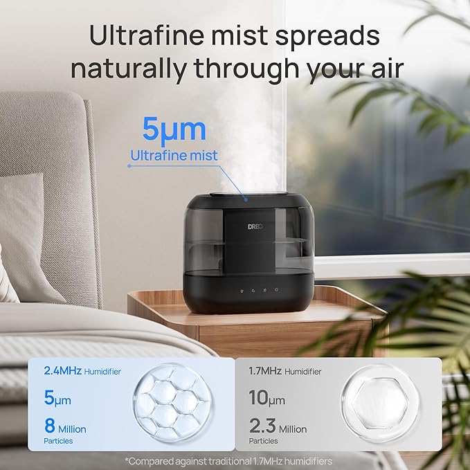 Dreo Top Fill 4L Humidifiers for Bedroom, 36H Runtime, 28 dB Quiet Cool Mist Supersized Air Humidifier for Large Room, Plants, Baby Nursery, Indoor, Night Light, Easy to Clean & Fill, Black-CubbioJoy
