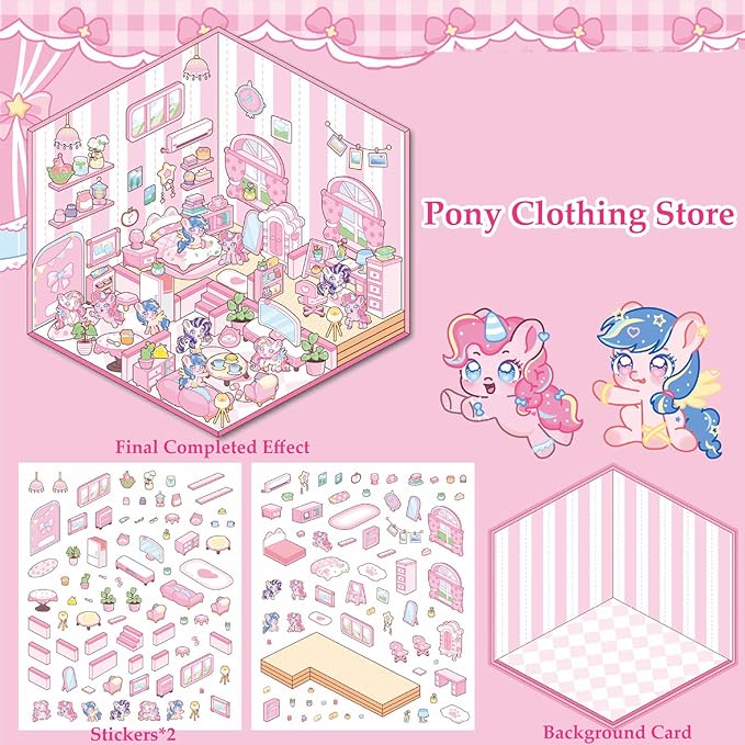 DIY 3D Sticker Scene, 6 Sets of Cute Miniature Isometric Stickers for Kids Adult Therapy Scenes Sticker Reuseable and Waterproof Stickers for Girl-CubbioJoy