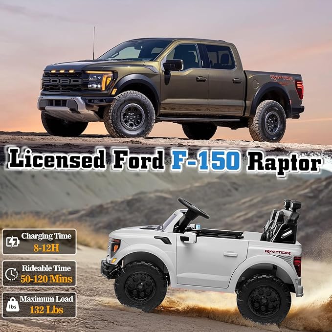 24V Ride on Car Licensed Ford F-150 Raptor, Kids Electric Car with Remote Control, LED Light/Music/MP3, Truck Bed Storage, 3-Point Seat Belt (24V, White)-CubbioJoy