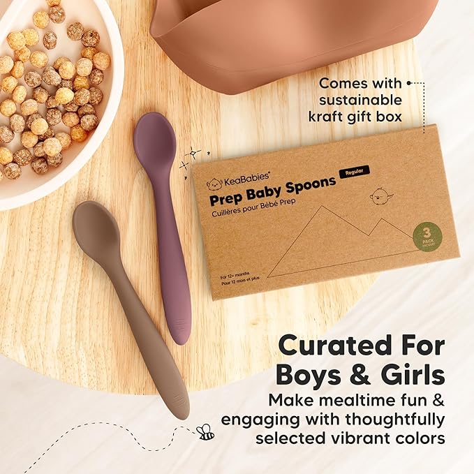 KeaBabies Silicone Baby Spoons, Self Feeding 6-12 months - 3-Pack Baby Weaning Eating Utensils, Toddler First Food Training Spoon, Infant, Kids Feeding Supplies Essential Set, Dishwasher-safe (Rocky)-CubbioJoy