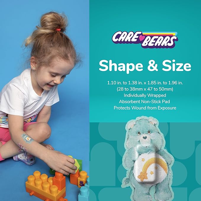 BioSwiss Care Bears Bandages, Classic Care Bear Shaped Self Adhesive Bandage, Latex Free Sterile Wound Care, Fun First Aid Kit Supplies for Kids, 24 Count-CubbioJoy