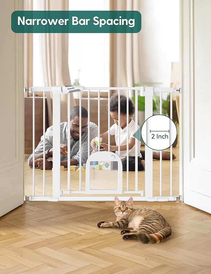 Babelio Baby Gate with Adjustable Cat Door,29-43" Auto Close Durable Pet door for Stairs,Doorways and House,Pressure Mounted,Easy Install,Effortless Walk Thru,White-CubbioJoy