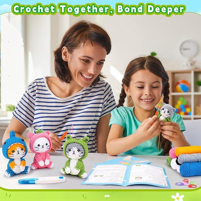 Crochet Kit for Beginners - 3 PCS Crochet Kits with Step-by-Step Video Tutorials, Beginner Crochet Kit for Adults Kid, Crochet Animal Kit for Starters, Cat Dressed as Shark Frog Strawberry-CubbioJoy