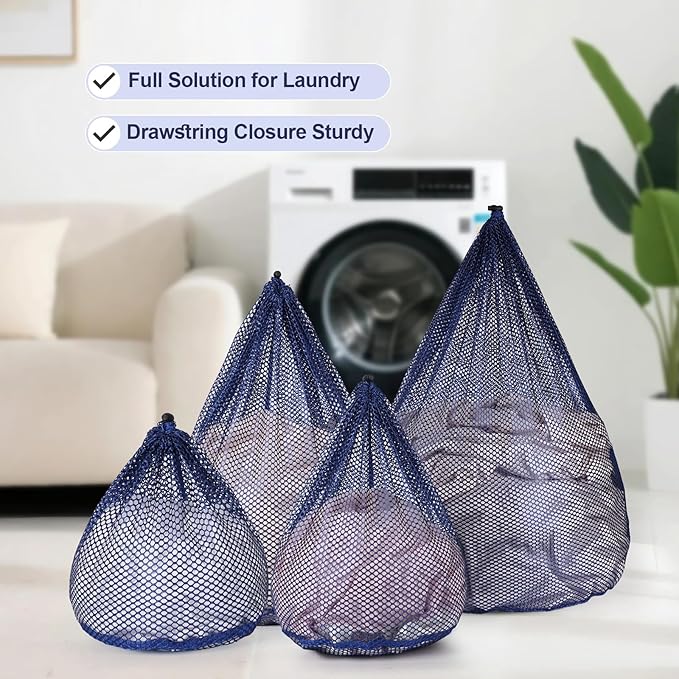 4Pcs Mesh Laundry Bags Washing Machine Mesh Wash Bags for Clothes,Underwear,Lingerie, Bed Linen with Drawstring Closure Sturdy(4 Size, Blue)-CubbioJoy