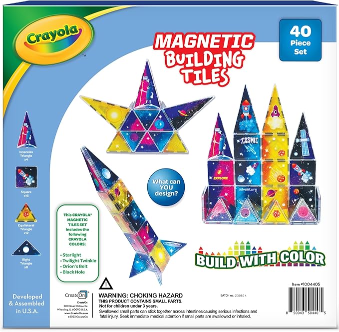 CreateOn Crayola Cosmic Magnetic Tiles, Building Set for Kids, Magnetic Building Toys for Kids, STEM Learning Toys for Boys and Girls Ages 3 and Up, 40-Piece Set (Cosmic)-CubbioJoy