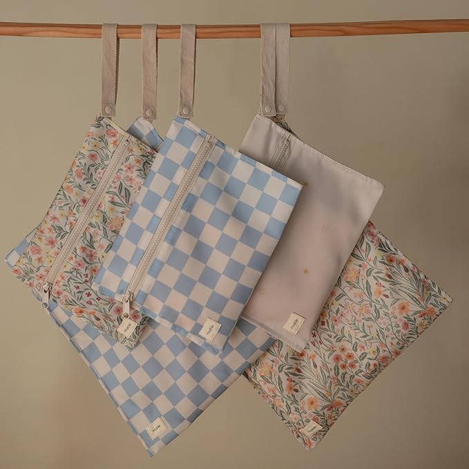 mushie Water Resistant Wet Bags | Large & Small Reusable Storage Bag for Baby Items and Travel | Zippered Pockets with Handle | Machine Washable, Set of 2 (Pastel Blooms)-CubbioJoy