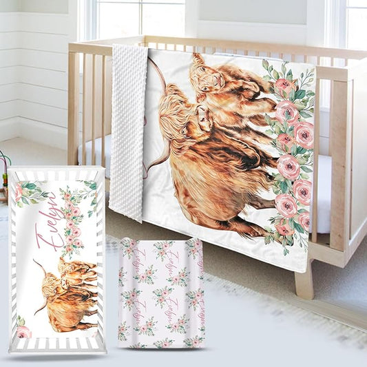 Custom Name Crib Bedding Set - Highland Cow Design, Personalized Floral Nursery Bedding 3-Piece Set– Soft Blanket, Fitted Sheet, Changing Pad Cover – for Newborns Girls Nursery Gifts-CubbioJoy