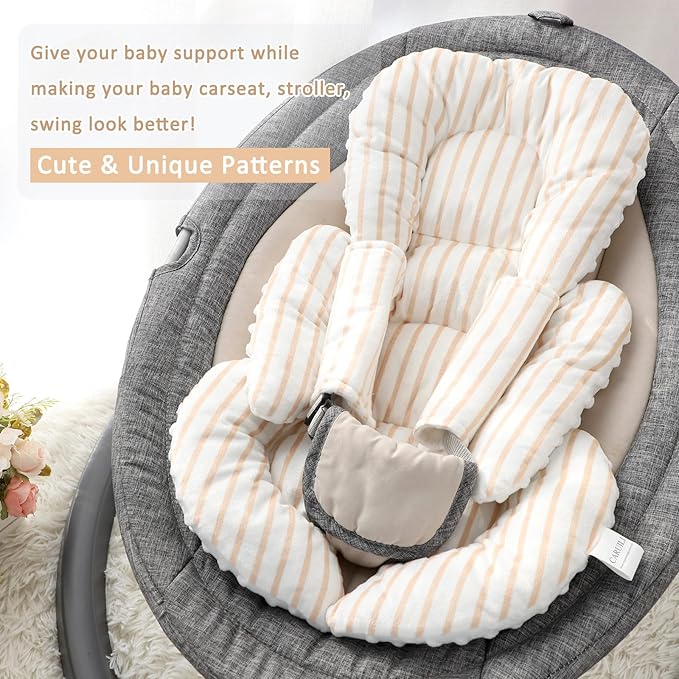 Infant Car Seat Insert, Car Seat Head Support Baby Girls Boys, Soft & Reversible Newborn Carseat Insert Cushion with 2 Strap Covers, for Stroller, Swing, Bouncer (Brown Line)-CubbioJoy