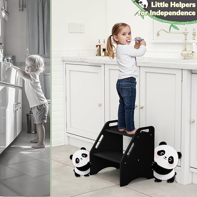 AMBIRD Wooden Step Stool, 15.75'' H Potty Training Toddler 300 lbs Capacity with Safety Non-Slip Pads and Handles, Step Stools for Kids, Bamboo 2-Step Stool for Bathroom, High Beds (Black)-CubbioJoy