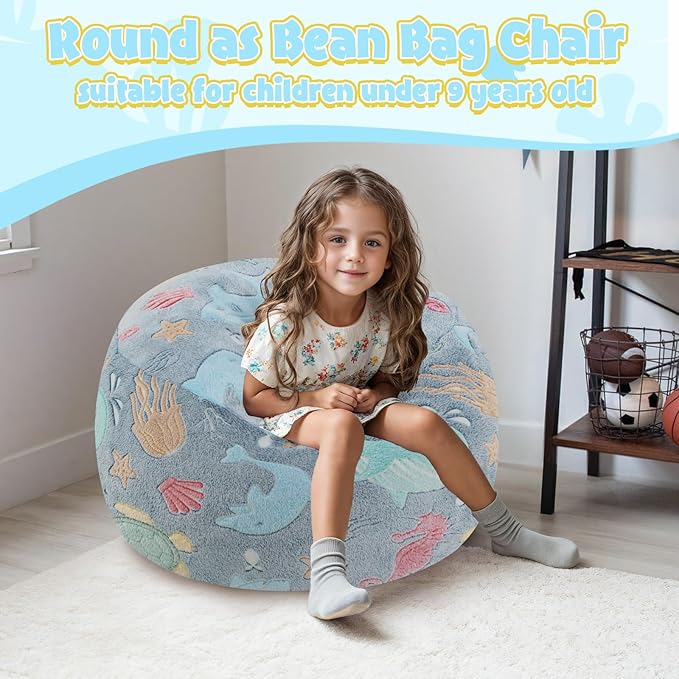 COMAX Kids Bean Bag Chair Turn into Beanbag Bed, Toddler Bean Chair for Girl Boy Sleeping, Lazy Children Bean Bags with Filler, Convertible Child Floor Mattress, Ocean Life-CubbioJoy