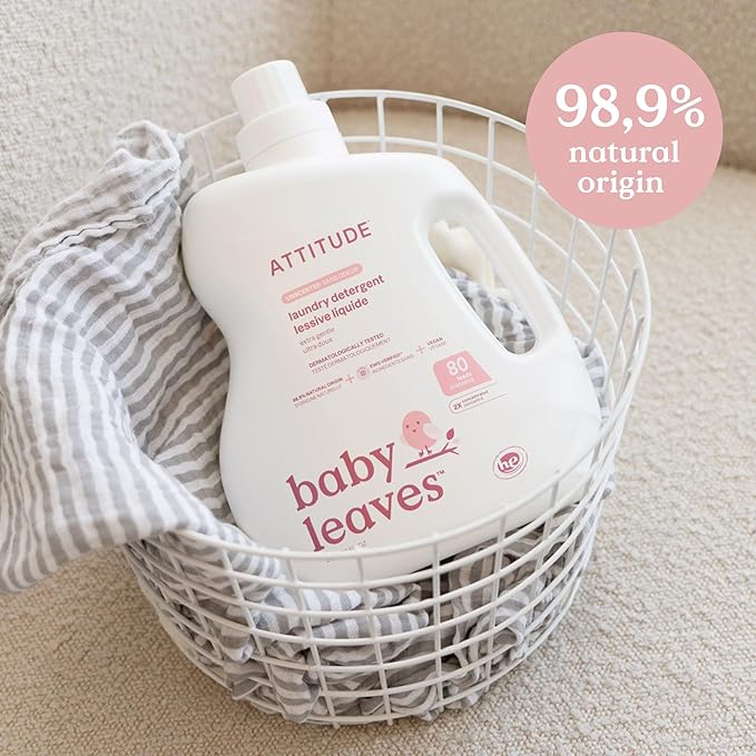 ATTITUDE Baby Laundry Detergent Liquid, EWG Verified, Safe for Baby Clothes, Infant and Newborn, Vegan and Naturally Derived Washing Soap, HE Compatible, Unscented, 80 Loads, 67.6 Fl Oz-CubbioJoy