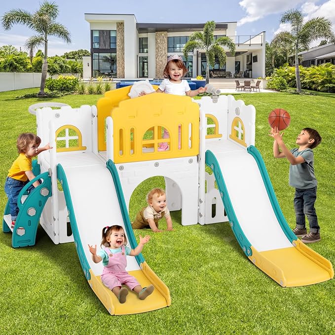 JOYLDIAS 9 in 1 Toddler Slide, Toddler Playground with Double Slides, Climber,Basketball Hoop,Tunnel, Telescope, Storage Space and Non-Slip Step, Indoor Outdoor Backyard Playset for Toddlers Age 1-3+-CubbioJoy