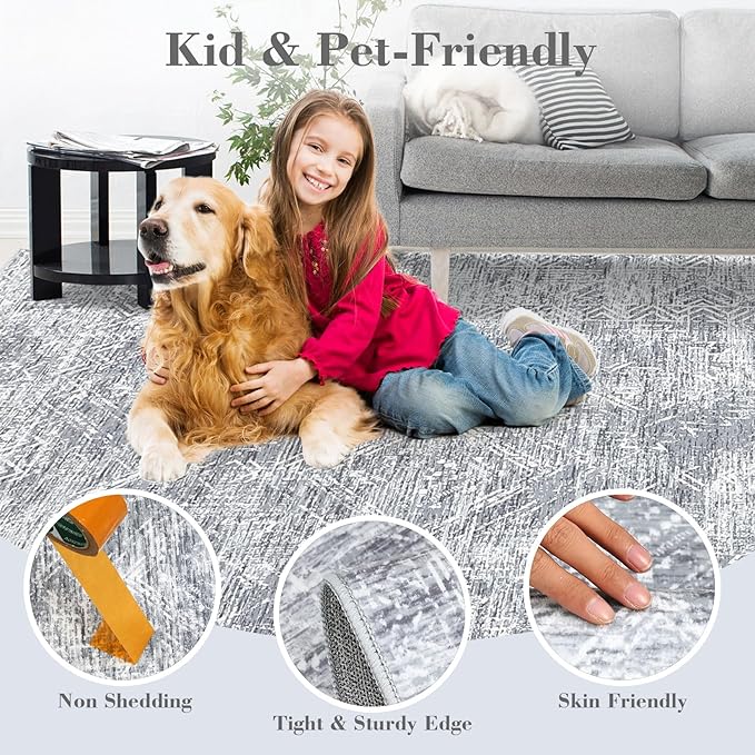 COZYLOOM 9x12 Rugs for Living Room Machine Washable Rug Modern Abstract Floor Cover with Non Slip Backing Satin Resistant Ultra Soft Geometric Carpet for Bedroom Office, Grey-CubbioJoy