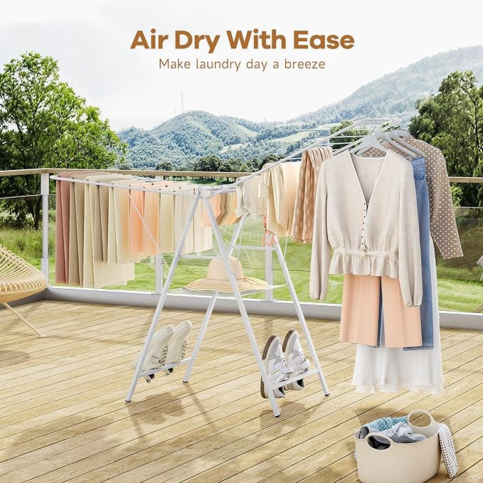 APEXCHASER Drying Rack Clothing, Clothes Drying Rack Foldable, Metal Laundry Drying Rack Collapsible for Sweater Towel Indoor Outdoor, Gullwing Clothes Rack Drying with Height Adjustable Rails, White-CubbioJoy