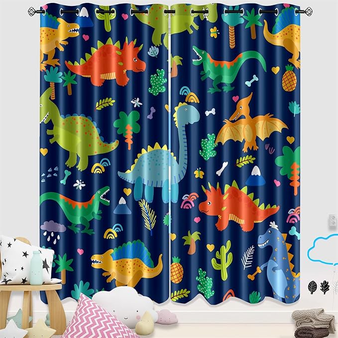 Cartoon Dinosaur Blackout Curtain Panels Curtains Blue Curtains for Boys Bedroom Grommet Top Window Treatment 2 Panels Drapes Kids Room Decor Navy Blue Curtains 84 Inch Length, 82" x 84"-CubbioJoy