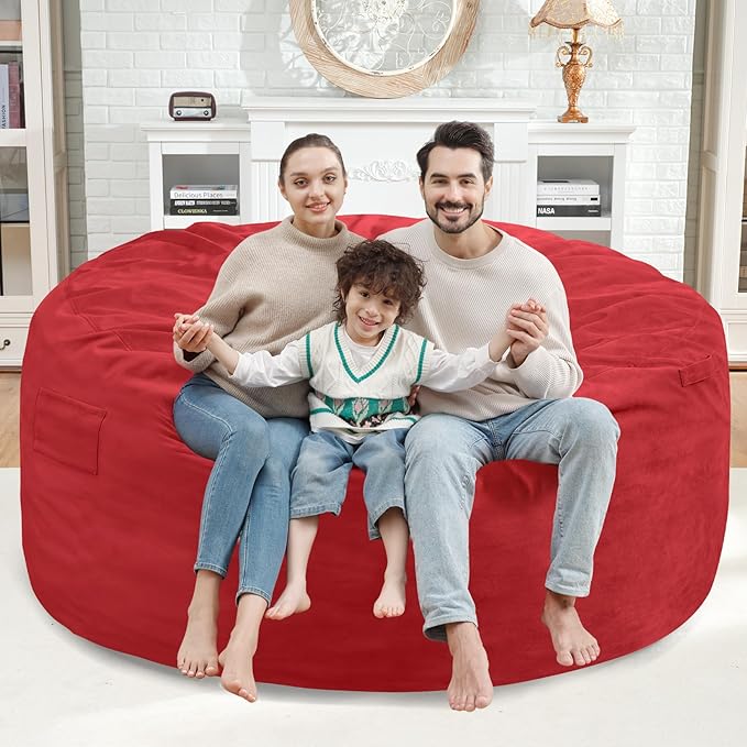 5FT Bean Bag Chair, Large Bean Bag Chairs with Memory Foam Filled, Fluffy Beanbag Sofa with Dutch Velvet Cover, Round BeanBag Chairs for Living Room, Playroom - Red-CubbioJoy