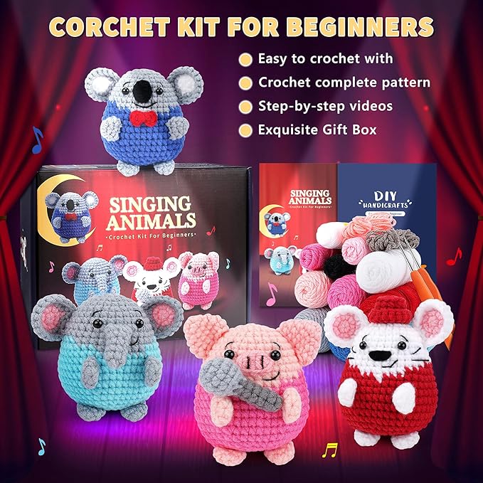 Crochet Kit for Beginners - 4 PCS Crochet Starter Kit with Step-by-Step Video Tutorials, for Adults Kids - Elephant Mouse Pig Koala Microphone Crocheting Set-CubbioJoy