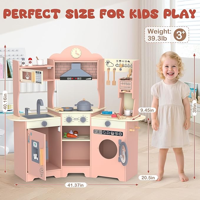 ANPABO Play Kitchen for Kids, Wooden Kitchen Playset w/Real Lights & Sounds, Coffee & Ice Maker, Microwave, Stove, 30Pcs Accessories Include Play Food, Pretend Play Set for Boys & Girls, Pink-CubbioJoy