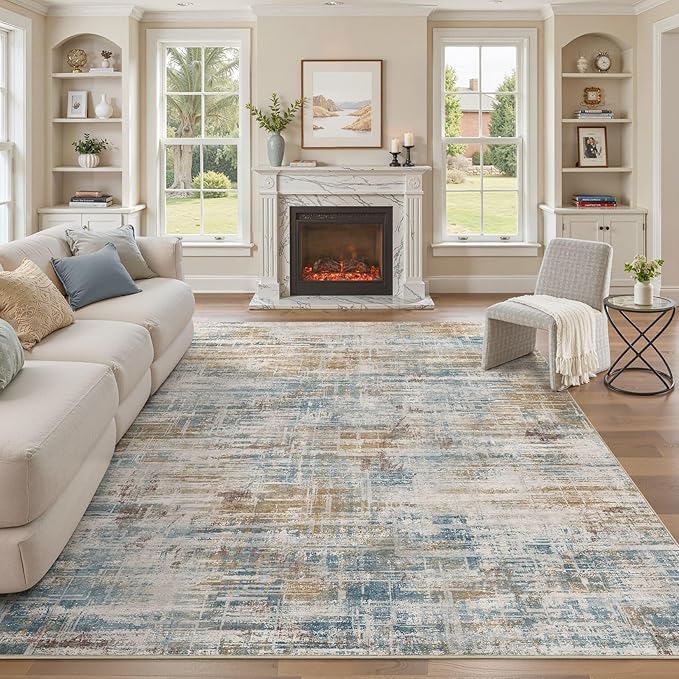 Area Rug for Living Room: 8x10 Washable Neutral Abstract Modern Soft Rugs Non Slip Indoor Floor Stain Resistant Large Carpet for Bedroom Dining Room Office Nursery - Blue Brown-CubbioJoy