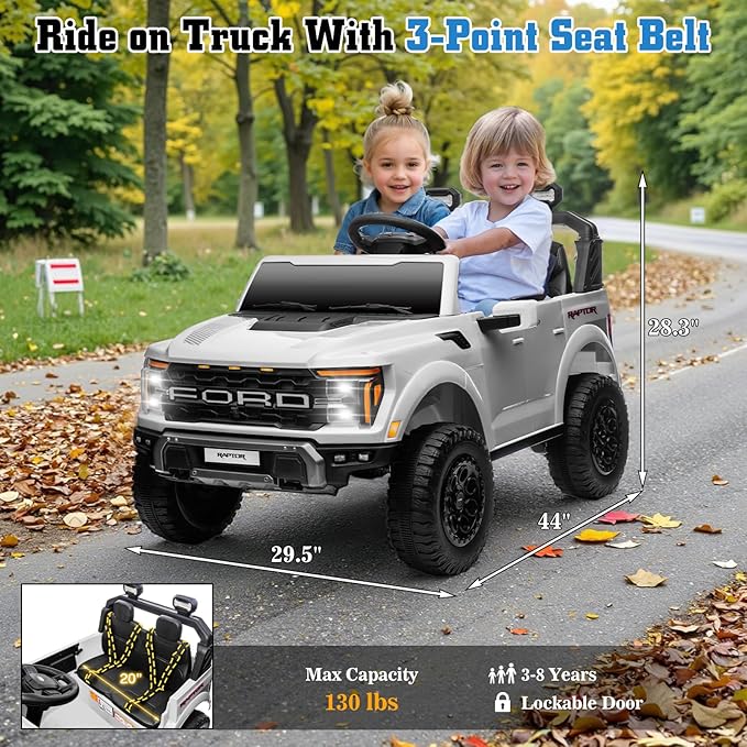 24V Ride on Car Licensed Ford F-150 Raptor, Kids Electric Car with Remote Control, LED Light/Music/MP3, Truck Bed Storage, 3-Point Seat Belt (24V, White)-CubbioJoy