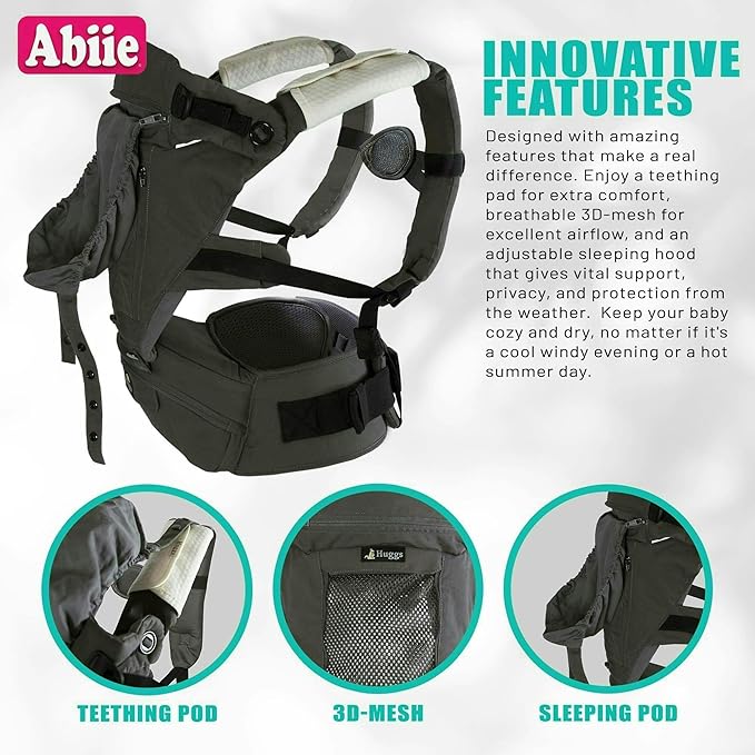 Abiie HUGGS 3-in-1 Baby Carrier with Hip Seat - Front Facing, Hip Hugger, Back Baby Carrier - Healthy Sitting (M) Position, 3 Mos.-Toddler - Buckle Type Closure - Approved by US Safety Standards-CubbioJoy