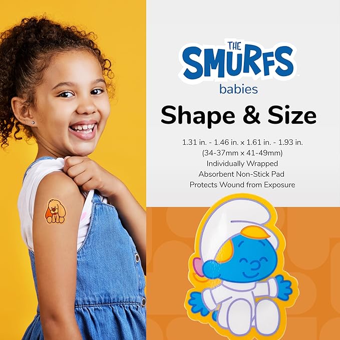 BioSwiss Bandages, The Smurfs Baby Smurf Shaped Self Adhesive Bandage, Latex Free Sterile Wound Care, Fun First Aid Kit Supplies for Kids and Adults, 24 Count Box-CubbioJoy