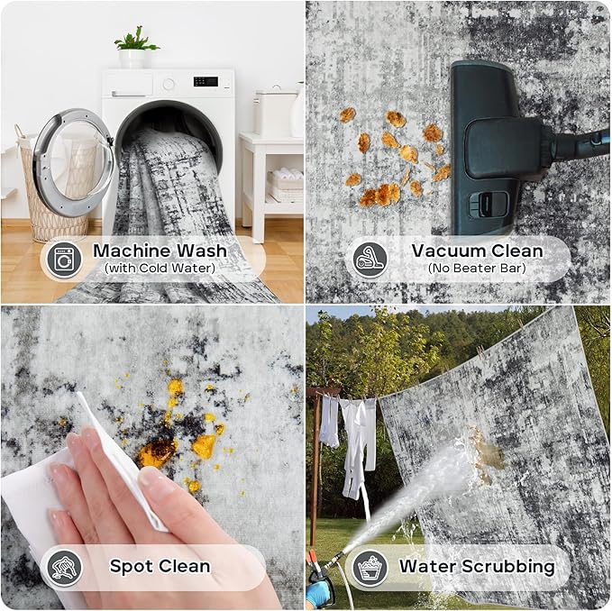 5x7 Area Rugs for Living Room Rug Washable: Modern Rug for Dining Room Bedroom Carpet Non Slip Low Pile 5 by 7 Indoor Abstract Nursery Home Office Black Grey-CubbioJoy