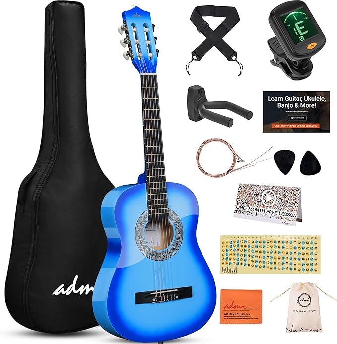 ADM Beginner Acoustic Classical Guitar 34 Inch Nylon Strings Wooden Guitar Bundle Kit for Kid Boy Girl Student Youth Guitarra Online Lessons with Gig Bag, Strap, Tuner, Strings, Picks, Blue-CubbioJoy