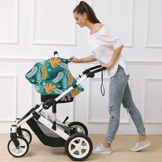 Carseat Cover Boy and Girls - Multi-use Nursing Car Seat Canopy Cover for Breastfeeding, Infant Stroller Cover, High Chair Cover (Green Leaves)-CubbioJoy